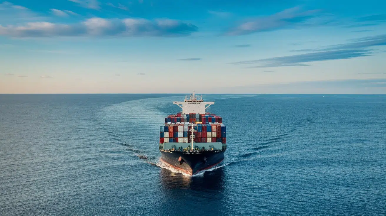 Aerial view of a laden container vessel under way at sea